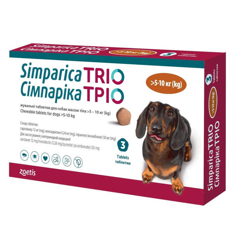 Сімпарика Тріо, для собак, від бліх та кліщів від 5,1-10 кг (1таб)