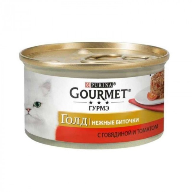 Вологий корм Gourmet Gold Ніжні биточки для кішок з яловичиною та томатами 24x85 г
