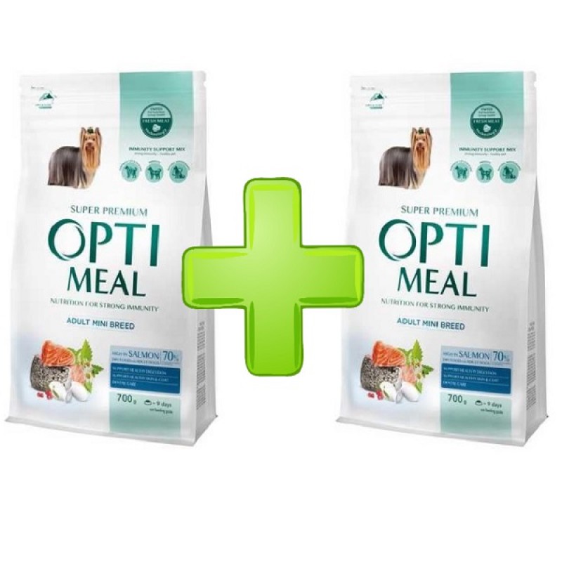 Акція Optimeal Mini Adult Salmon 700 г +700г сухий корм для собак мініатюрних порід із лососем