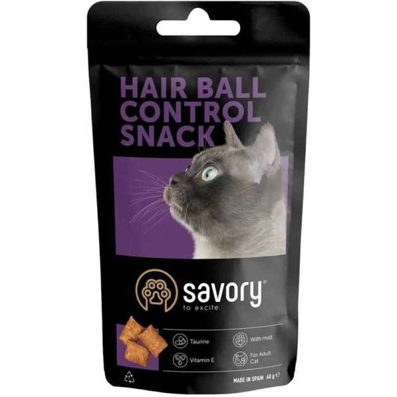 Хрумкі ласощі Savory Cats Snacks Pillows Hair Ball Control для котів подушечки для виведення шерсті 60 г (31485)