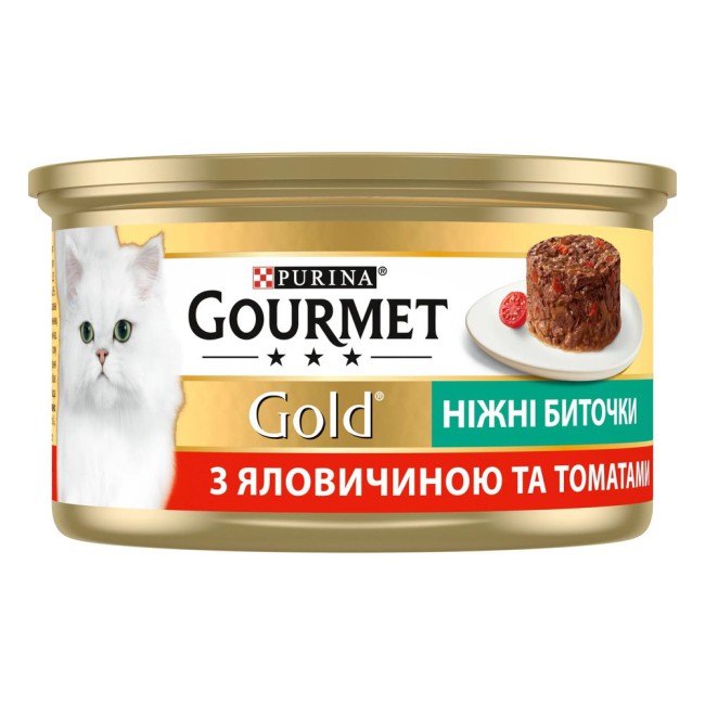 Вологий корм Gourmet Gold Ніжні биточки для кішок з яловичиною та томатами 24x85 г