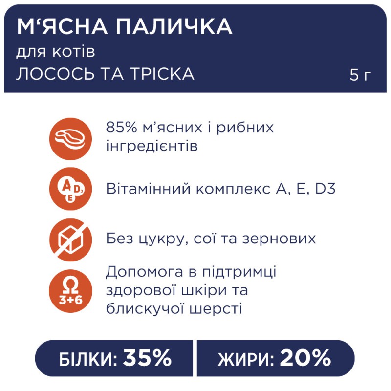 Клуб 4 Лапи Premium М'ясна паличка з лососем та тріскою для кішок 10х5 г