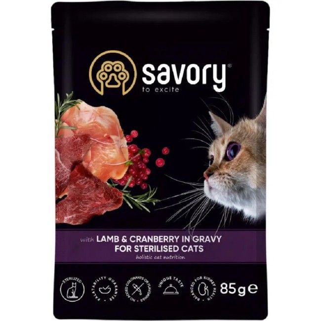Вологий корм для стерилізованих кішок Savory Sterilised, ягня з журавлиною в соусі, 85 г