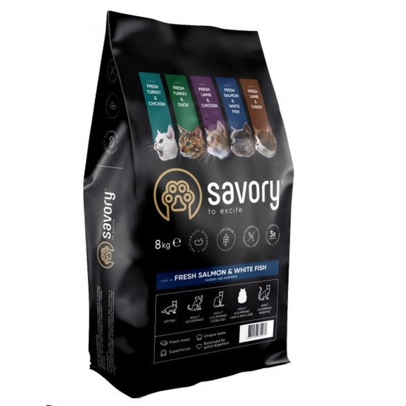 Savory Adult Cat Salmon White Fish 400 г сухий корм для довгошерстих кішок з лососем