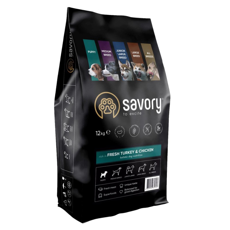 Savory Puppy Turkey Chicken 12 кг сухий корм для цуценят всіх порід з індичкою та куркою