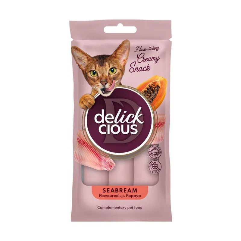 Delickcious Creamy Snacks Seabream кремові ласощі для котів з дорадо та папаєю, 4×15 г