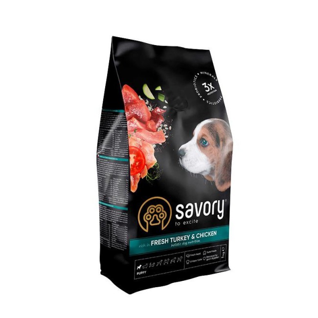 Savory Puppy Turkey Chicken 1 кг сухий корм для цуценят всіх порід з індичкою та куркою