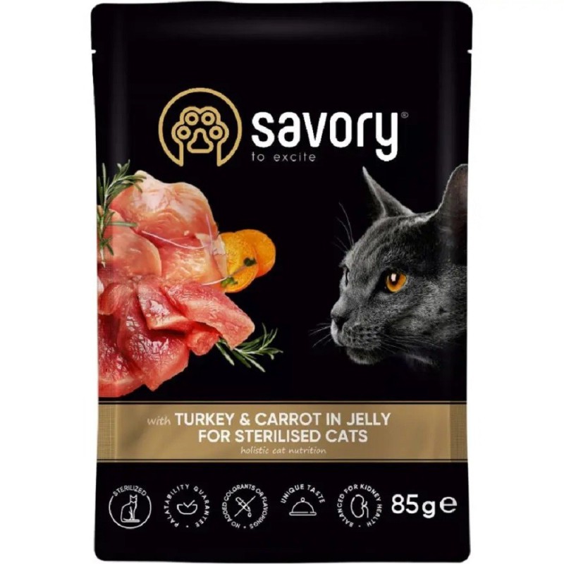 Вологий корм Savory Sterilised Turkey для стерилізованих кішок, індичка в желе 85 г