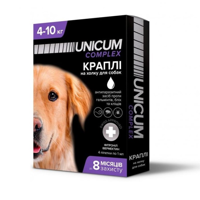 Краплі Unicum Complex Premium від гельмінтів, бліх та кліщів для собак 4-10 кг (1піп)