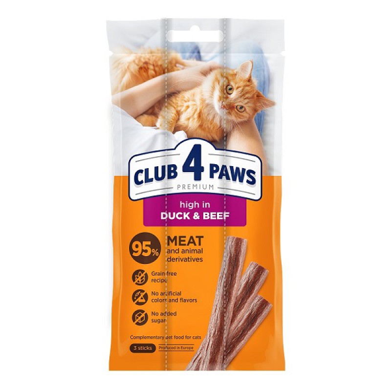 Клуб 4 Лапи Premium High in Duck & Beef м’ясні палички з качкою та яловичиною для котів, 3×5 г