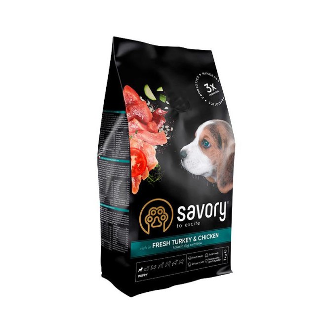 Savory Puppy Turkey Chicken 12 кг сухий корм для цуценят всіх порід з індичкою та куркою