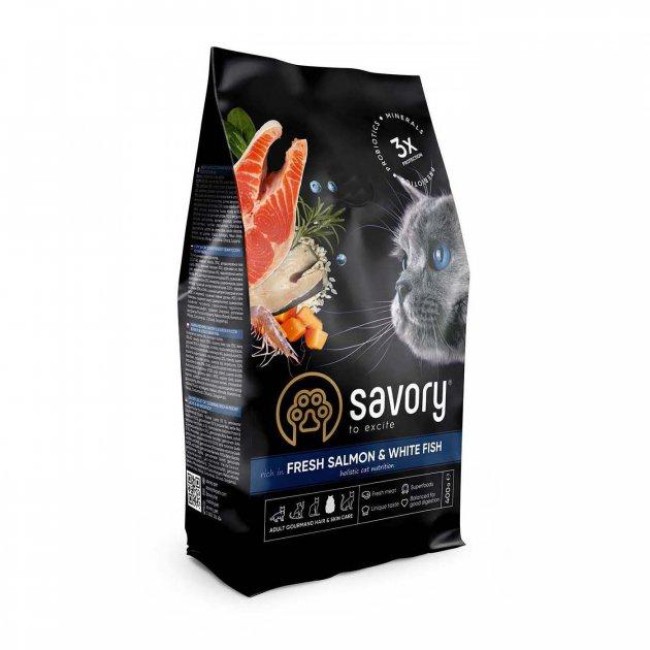 Savory Adult Cat Salmon White Fish 8 кг сухий корм для довгошерстих кішок з лососем