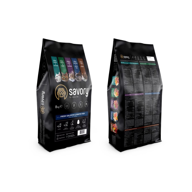 Savory Adult Cat Salmon White Fish 8 кг сухий корм для довгошерстих кішок з лососем
