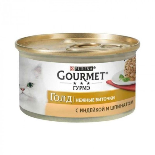 Вологий корм Gourmet Gold Ніжні биточки для котів з індичкою та шпинатом 24x85 г
