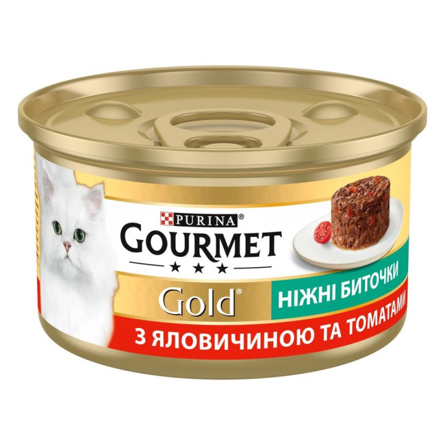 Вологий корм Gourmet Gold Ніжні биточки для кішок з яловичиною та томатами 24x85 г