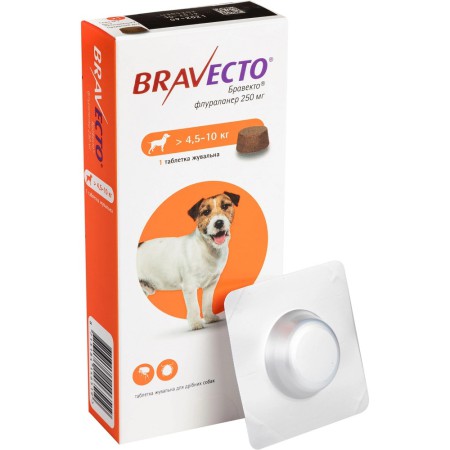 Жувальна таблетка Bravecto від бліх та кліщів для собак середніх порід від 4,5 до 10 кг, 250 мг