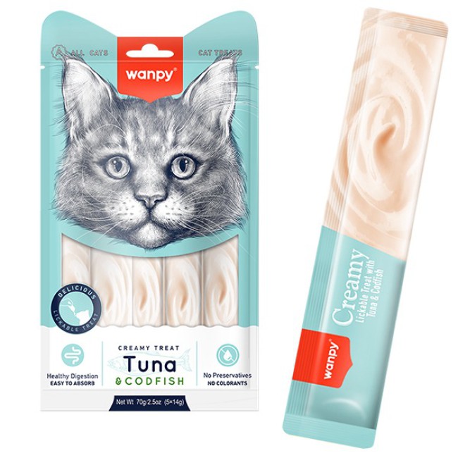 Wanpy Creamy Treat Tuna & Codfish кремові рідкі ласощі з тунцем і тріскою для котів, 5×14 г