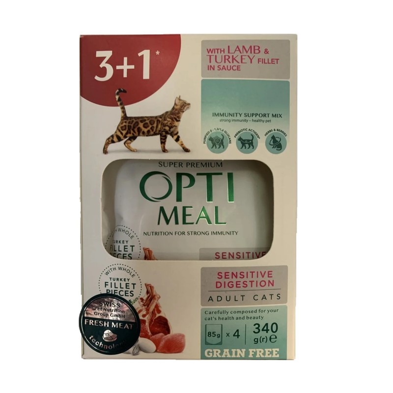 Optimeal Sensitive Digestion Lamb & Turkey для котів з ягням набір (3+1) 340 г
