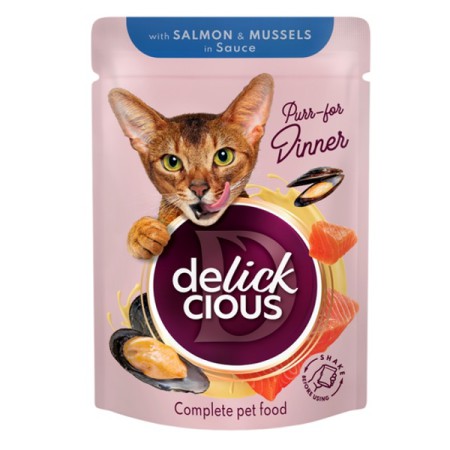 Delickcious Salmon & Mussels in Sauce вологий корм для котів шматочки з лососем та мідіями в соусі 85 г